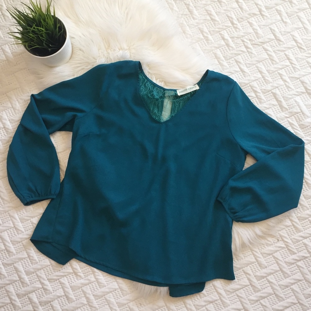 {Pants Store} Silky Blue Top with Peek Lace Back